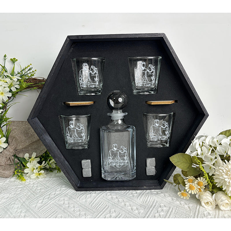 PERSONALIZED PHOTO WHISKEY DECANTER SET GIFT, ENGRAVED OUTLINE PHOTO DECANTER
