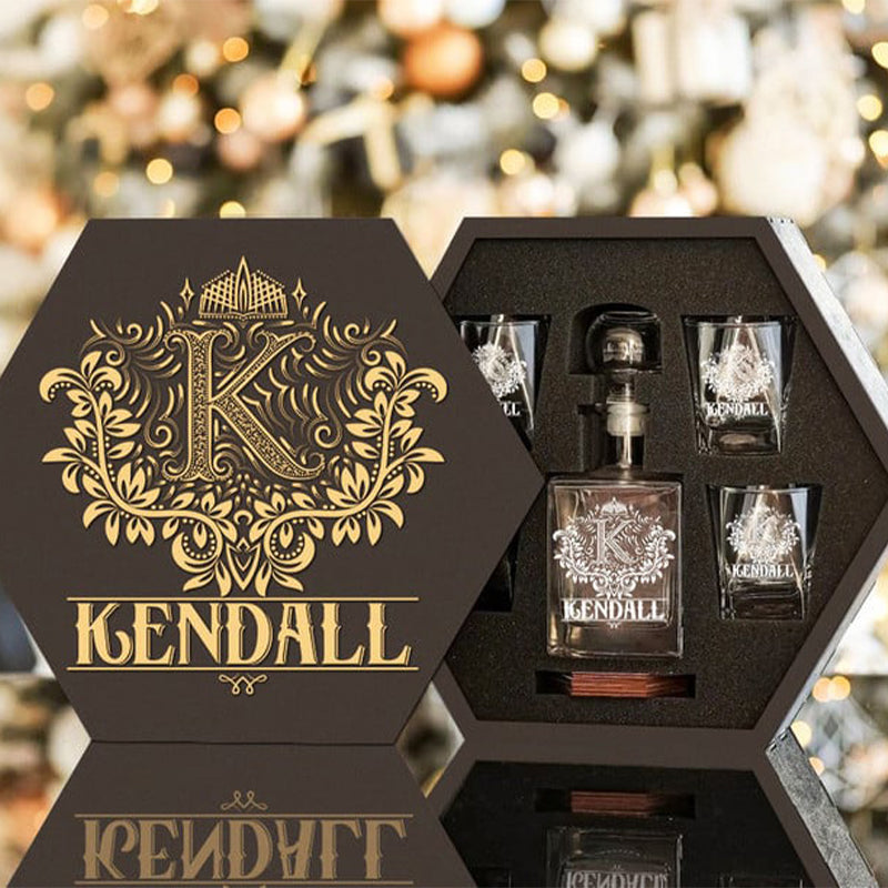 KENDALL - WHISKEY SET (Wooden box + Decanter + 4 Glasses + 4 Coasters)