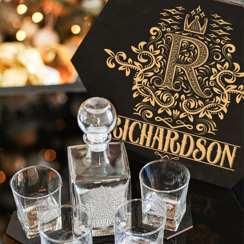 RICHARDSON - WHISKEY SET (Wooden box + Decanter + 4 Glasses + 4 Coasters)