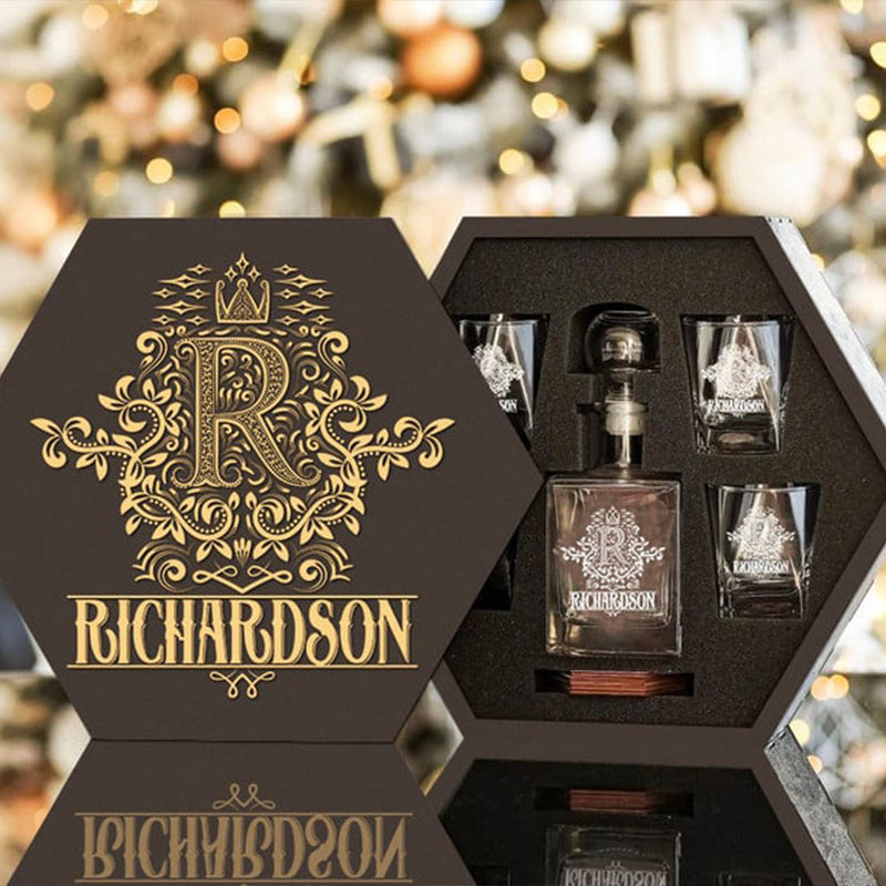 RICHARDSON - WHISKEY SET (Wooden box + Decanter + 4 Glasses + 4 Coasters)