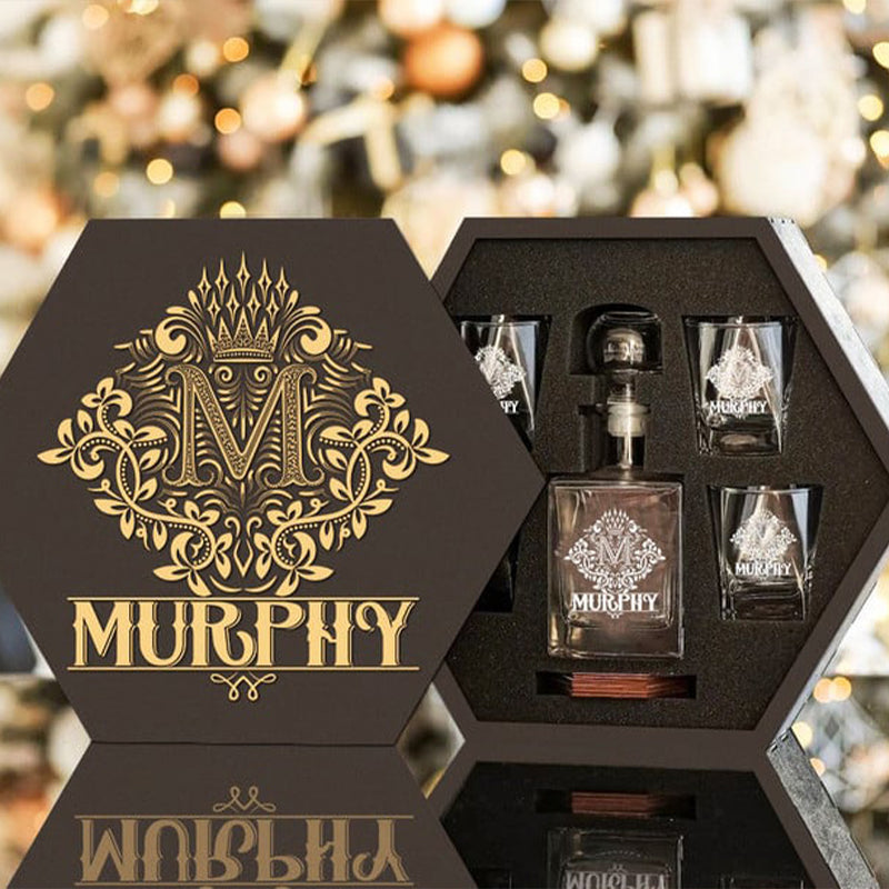 MURPHY - WHISKEY SET (Wooden box + Decanter + 4 Glasses + 4 Coasters)