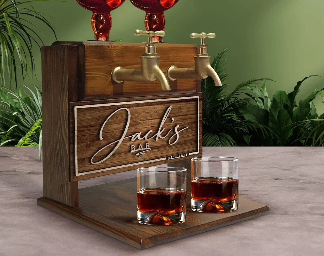 Personalized Wooden Double Faucet Whiskey Dispenser