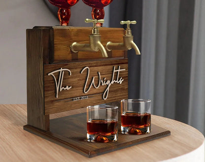 Custom Engraved Wooden Double Faucet Liquor Dispenser