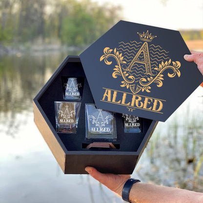 ALLRED - WHISKEY SET (Wooden box + Decanter + 4 Glasses + 4 Coasters)