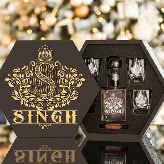 SINGH - WHISKEY SET (Wooden box + Decanter + 4 Glasses + 4 Coasters)