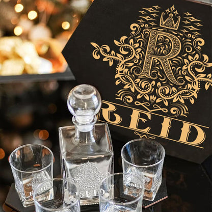 REID - WHISKEY SET (Wooden box + Decanter + 4 Glasses + 4 Coasters)