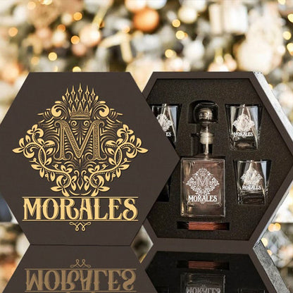 MORALES - WHISKEY SET (Wooden box + Decanter + 4 Glasses + 4 Coasters)