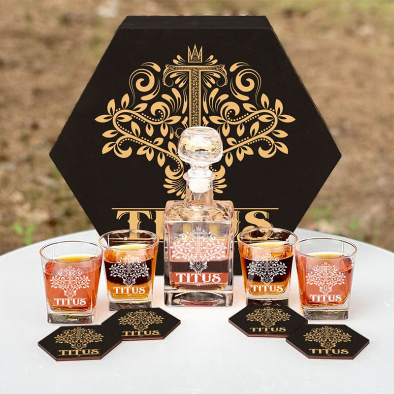 TITUS - WHISKEY SET (Wooden box + Decanter + 4 Glasses + 4 Coasters)