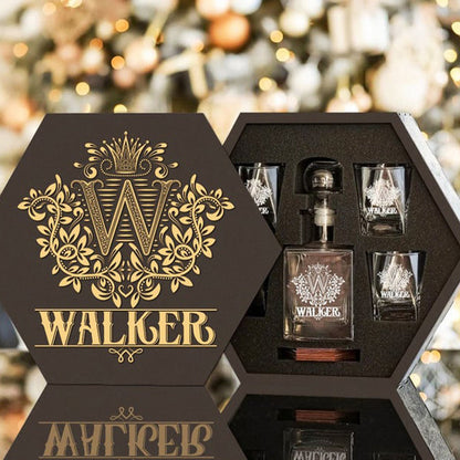 WALKER - WHISKEY SET (Wooden box + Decanter + 4 Glasses + 4 Coasters)