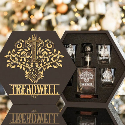 TREADWELL - WHISKEY SET (Wooden box + Decanter + 4 Glasses + 4 Coasters)