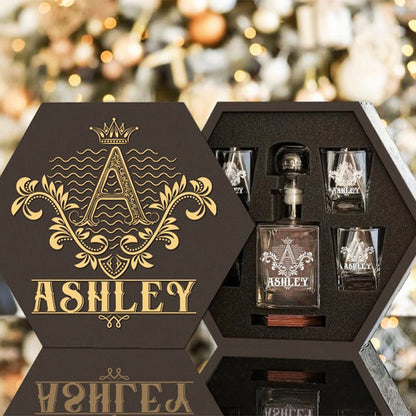 ASHLEY - WHISKEY SET (Wooden box + Decanter + 4 Glasses + 4 Coasters)