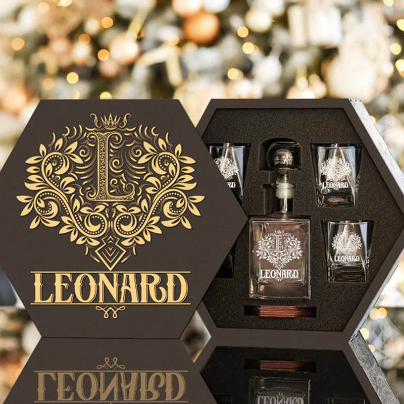 LEONARD - WHISKEY SET (Wooden box + Decanter + 4 Glasses + 4 Coasters)