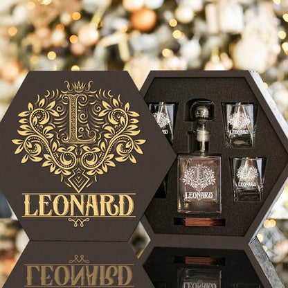 LEONARD - WHISKEY SET (Wooden box + Decanter + 4 Glasses + 4 Coasters)