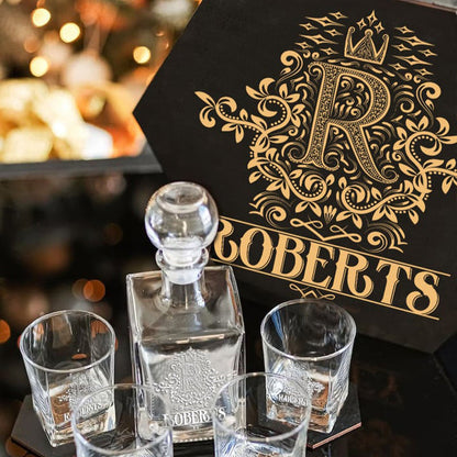 ROBERTS - WHISKEY SET (Wooden box + Decanter + 4 Glasses + 4 Coasters)