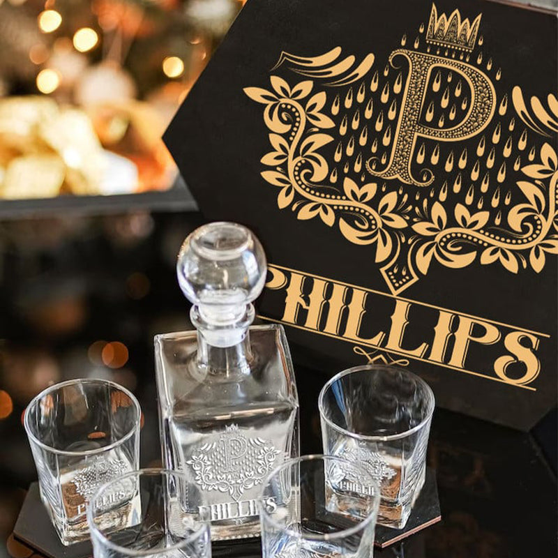 PHILLIPS - WHISKEY SET (Wooden box + Decanter + 4 Glasses + 4 Coasters)