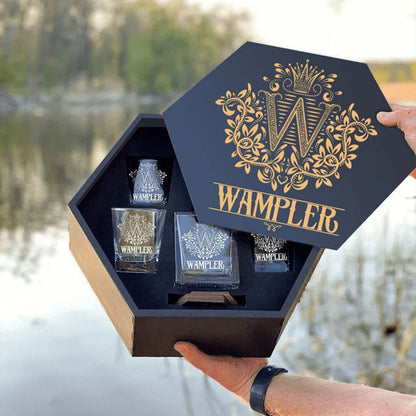 WAMPLER - WHISKEY SET (Wooden box + Decanter + 4 Glasses + 4 Coasters)