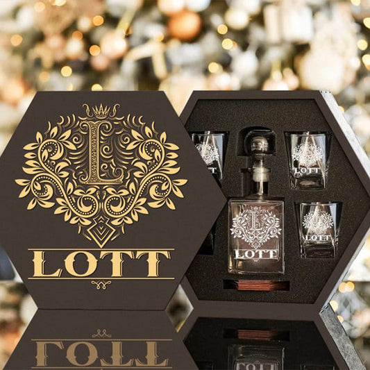 LOTT - WHISKEY SET (Wooden box + Decanter + 4 Glasses + 4 Coasters)