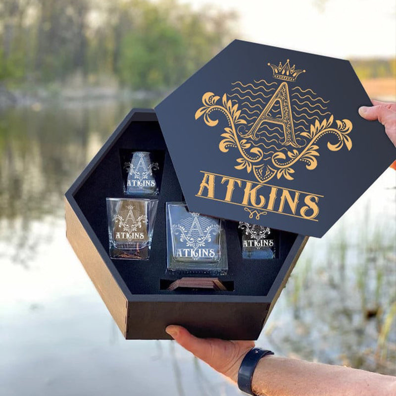 ATKINS - WHISKEY SET (Wooden box + Decanter + 4 Glasses + 4 Coasters)