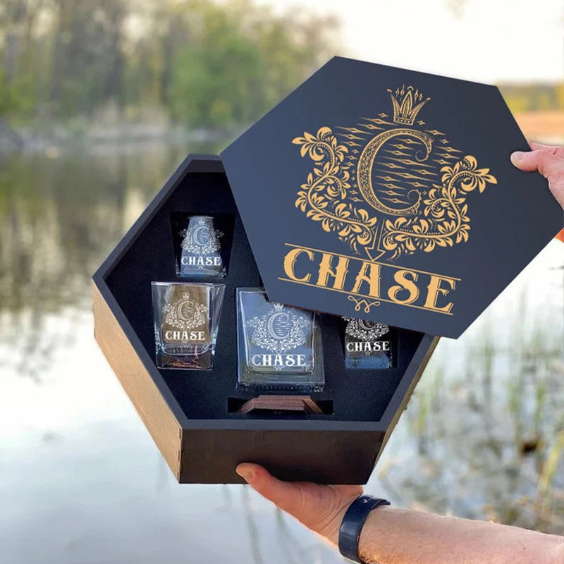 CHASE - WHISKEY SET (Wooden box + Decanter + 4 Glasses + 4 Coasters)