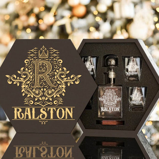 RALSTON - WHISKEY SET (Wooden box + Decanter + 4 Glasses + 4 Coasters)