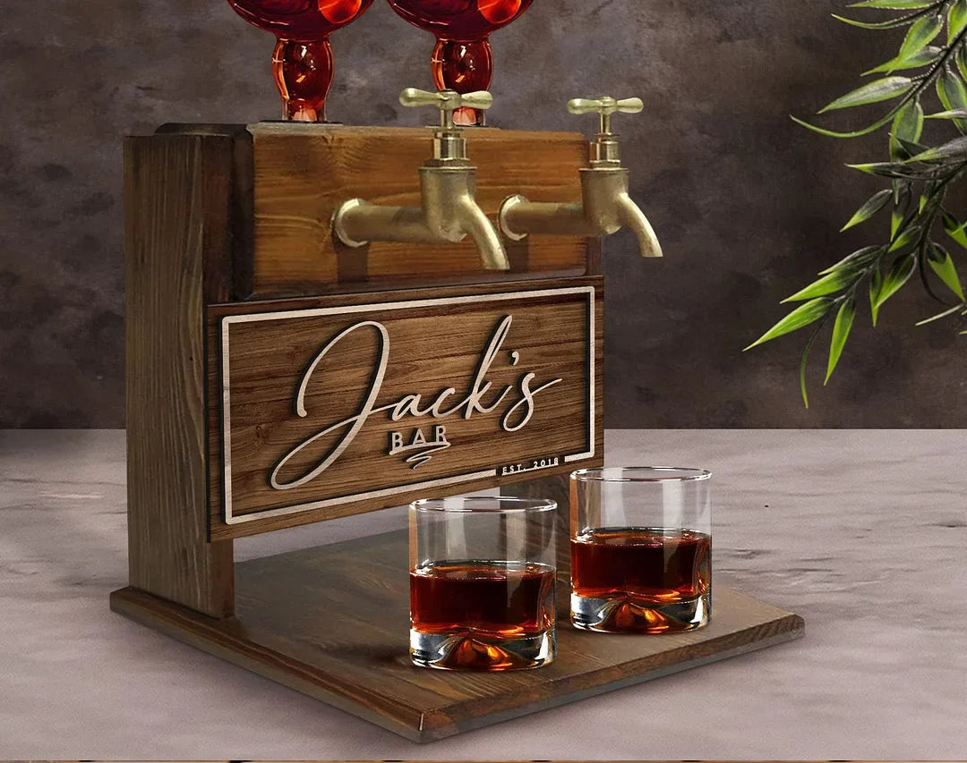 Personalized Wooden Double Faucet Whiskey Dispenser