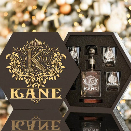 KANE - WHISKEY SET (Wooden box + Decanter + 4 Glasses + 4 Coasters)