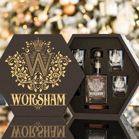 WORSHAM - WHISKEY SET (Wooden box + Decanter + 4 Glasses + 4 Coasters)