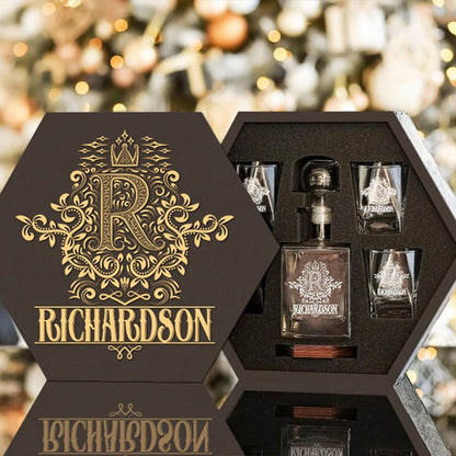 RICHARDSON - WHISKEY SET (Wooden box + Decanter + 4 Glasses + 4 Coasters)