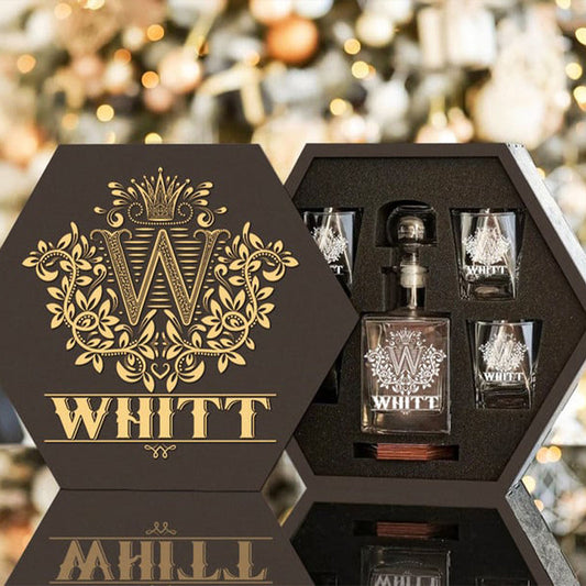 WHITT - WHISKEY SET (Wooden box + Decanter + 4 Glasses + 4 Coasters)