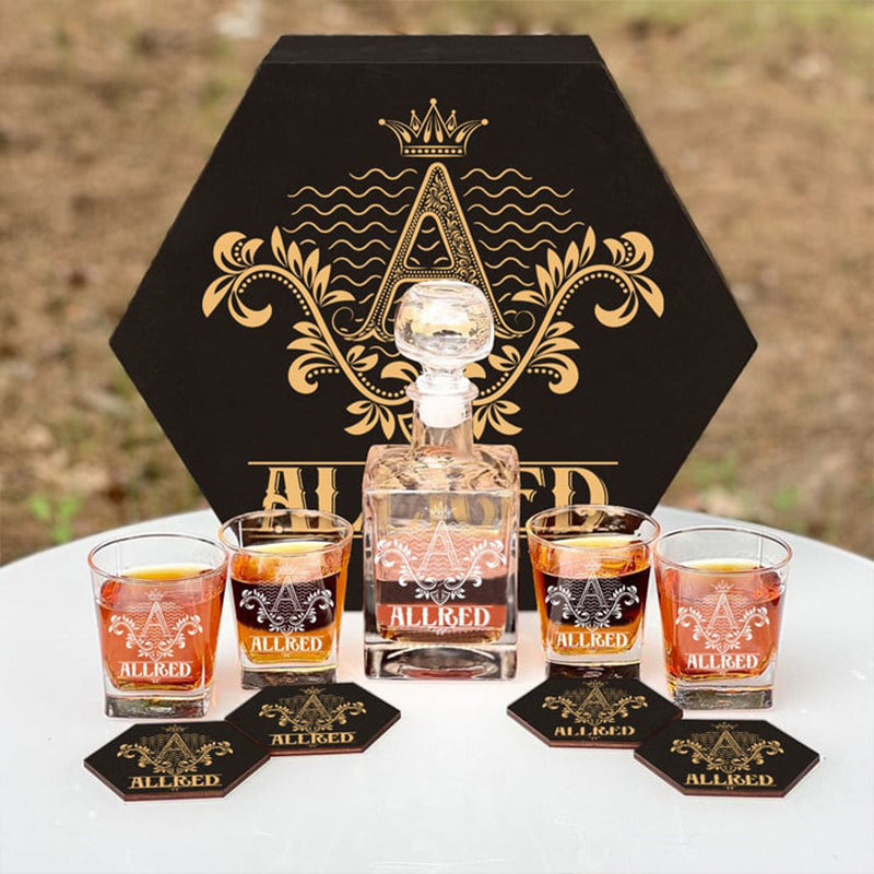 ALLRED - WHISKEY SET (Wooden box + Decanter + 4 Glasses + 4 Coasters)