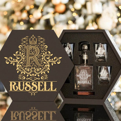 RUSSELL - WHISKEY SET (Wooden box + Decanter + 4 Glasses + 4 Coasters)