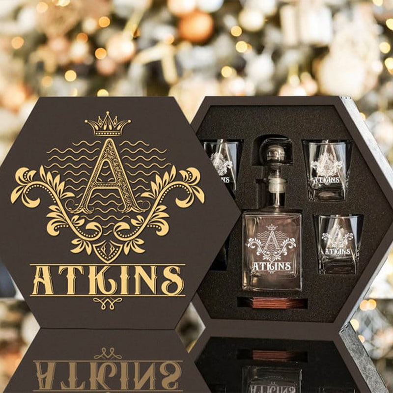 ATKINS - WHISKEY SET (Wooden box + Decanter + 4 Glasses + 4 Coasters)