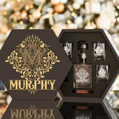 MURPHY - WHISKEY SET (Wooden box + Decanter + 4 Glasses + 4 Coasters)