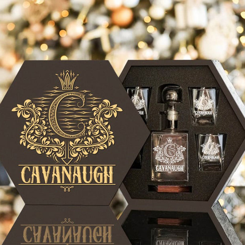CAVANAUGH - WHISKEY SET (Wooden box + Decanter + 4 Glasses + 4 Coasters)