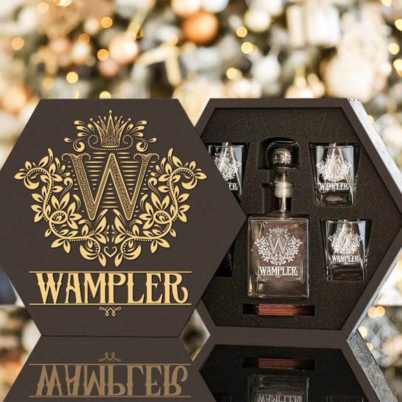 WAMPLER - WHISKEY SET (Wooden box + Decanter + 4 Glasses + 4 Coasters)