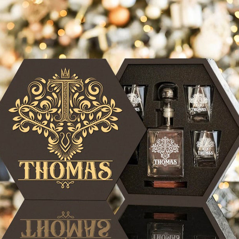 THOMAS - WHISKEY SET (Wooden box + Decanter + 4 Glasses + 4 Coasters)