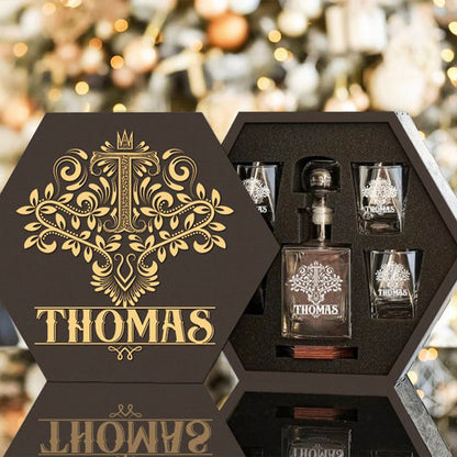 THOMAS - WHISKEY SET (Wooden box + Decanter + 4 Glasses + 4 Coasters)
