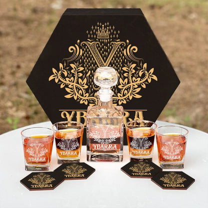 YBARRA - WHISKEY SET (Wooden box + Decanter + 4 Glasses + 4 Coasters)