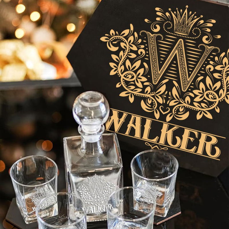 WALKER - WHISKEY SET (Wooden box + Decanter + 4 Glasses + 4 Coasters)