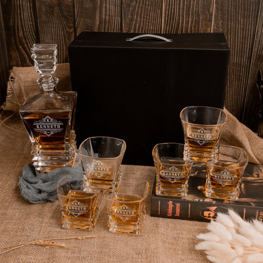 Engraved Prism Whiskey Decanter Set & 6 Glasses in Free Black Gift Box