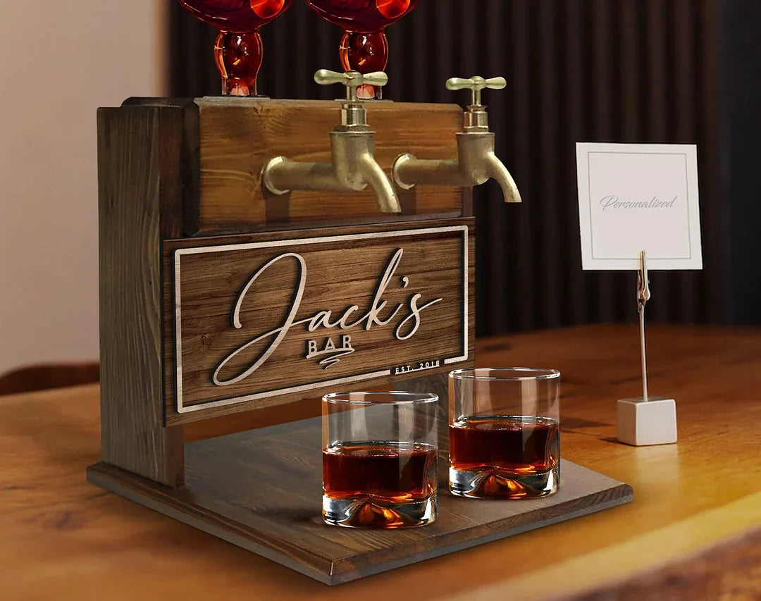 Personalized Wooden Double Faucet Whiskey Dispenser