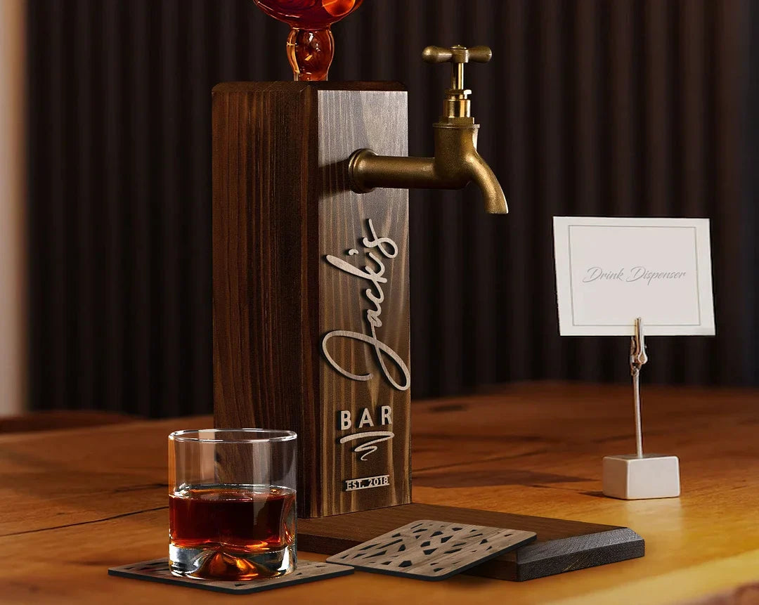 Personalized Wooden Whiskey Dispenser and Coasters Set, Perfect for Serving Wine, Vodka, and Liquor.