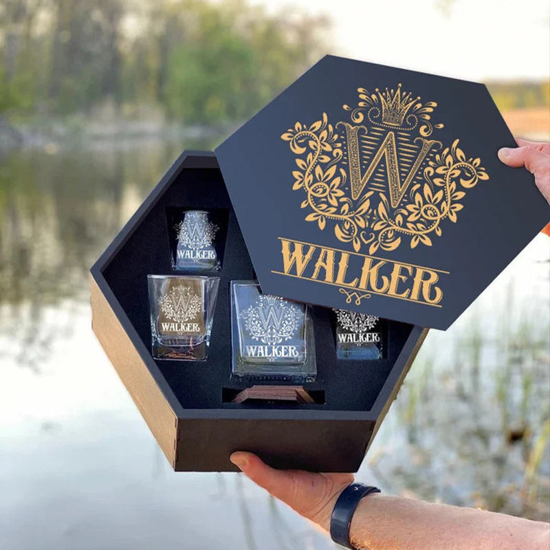 WALKER - WHISKEY SET (Wooden box + Decanter + 4 Glasses + 4 Coasters)