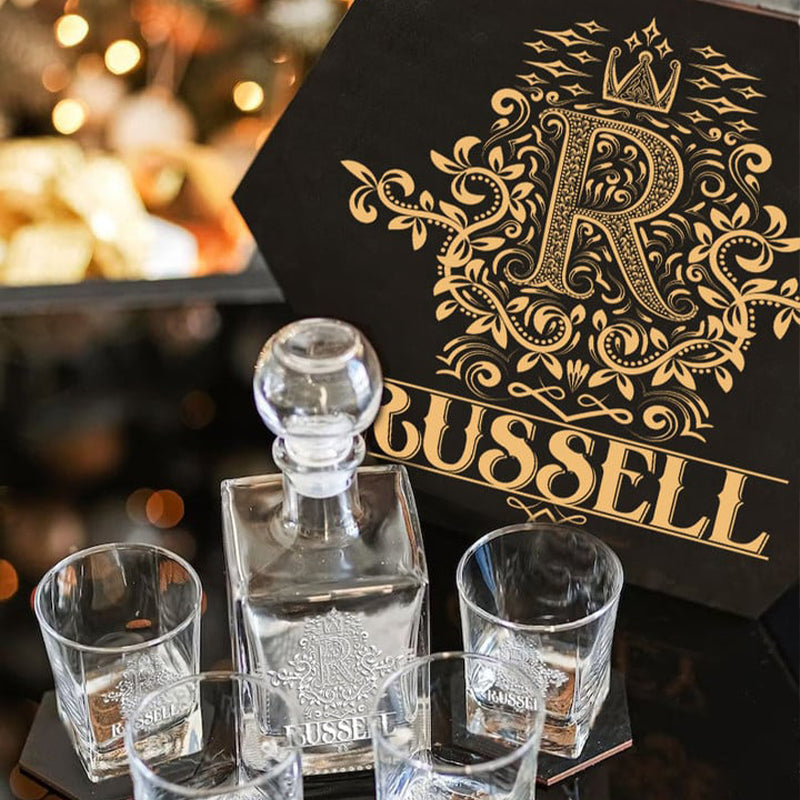 RUSSELL - WHISKEY SET (Wooden box + Decanter + 4 Glasses + 4 Coasters)