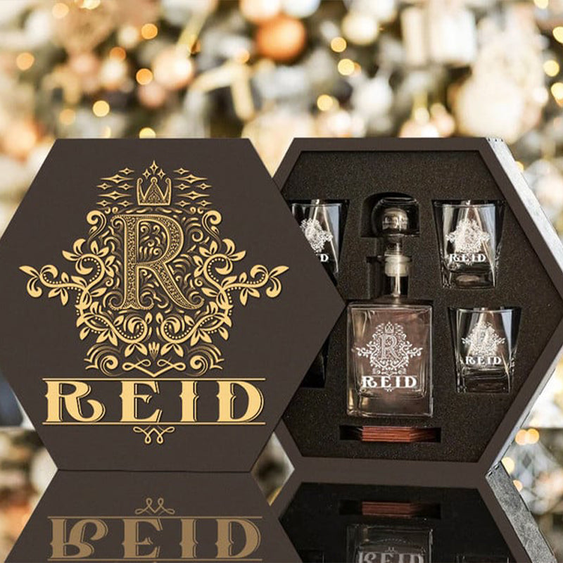 REID - WHISKEY SET (Wooden box + Decanter + 4 Glasses + 4 Coasters)