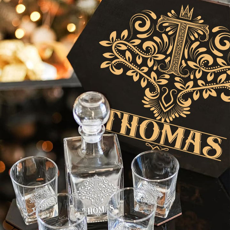 THOMAS - WHISKEY SET (Wooden box + Decanter + 4 Glasses + 4 Coasters)