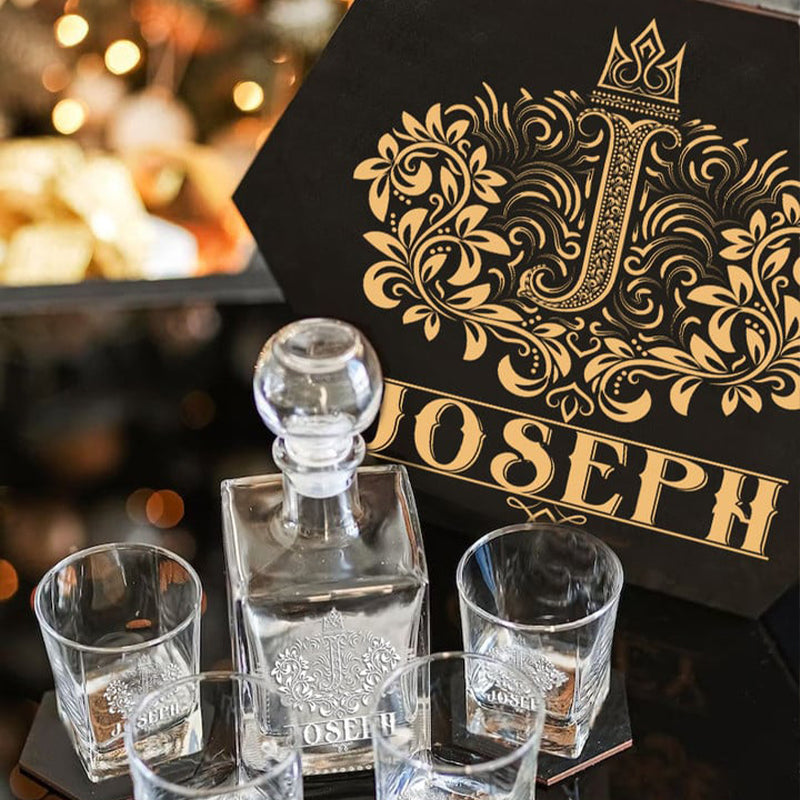 JOSEPH - WHISKEY SET (Wooden box + Decanter + 4 Glasses + 4 Coasters)