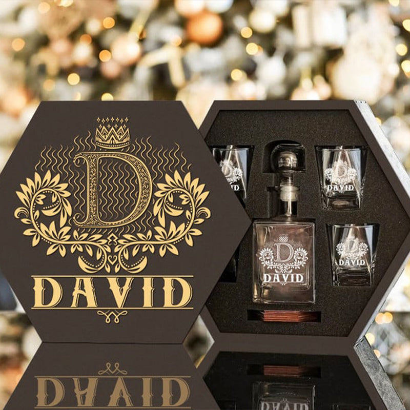 DAVID - WHISKEY SET (Wooden box + Decanter + 4 Glasses + 4 Coasters)