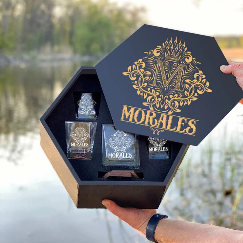 MORALES - WHISKEY SET (Wooden box + Decanter + 4 Glasses + 4 Coasters)