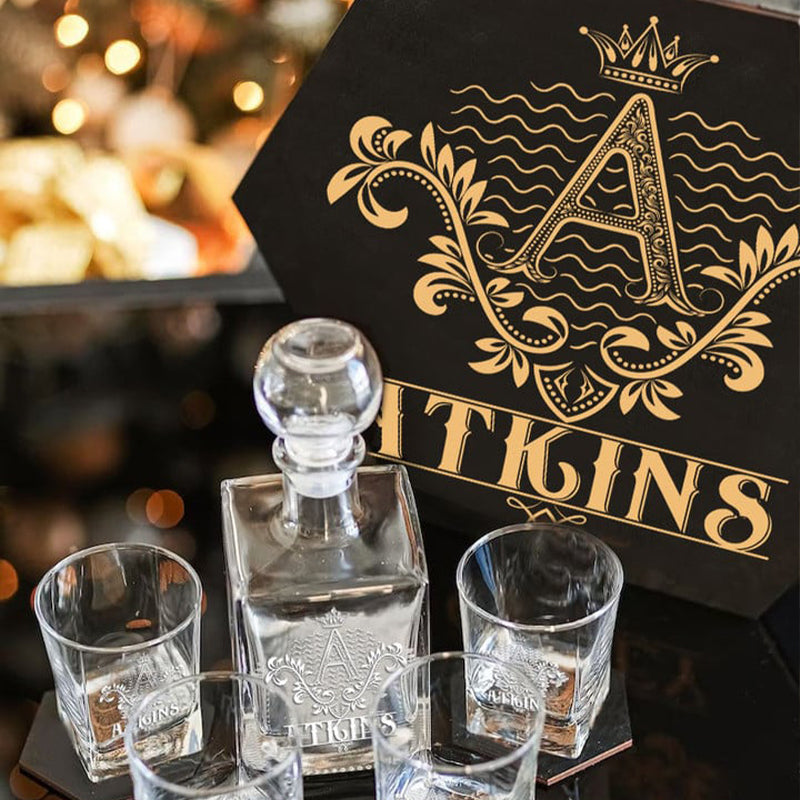 ATKINS - WHISKEY SET (Wooden box + Decanter + 4 Glasses + 4 Coasters)